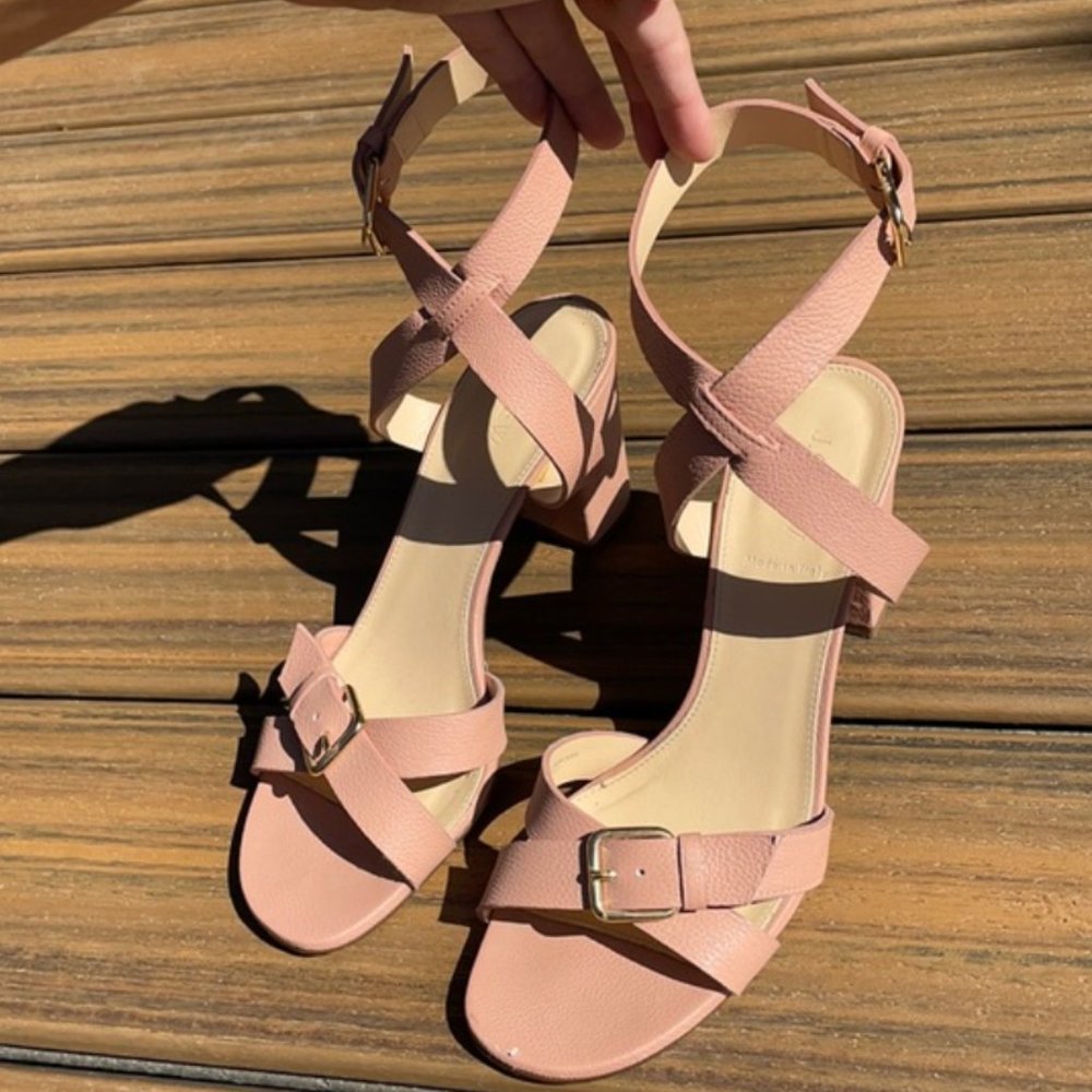 Strappy Leather Pale Pink Block Heels